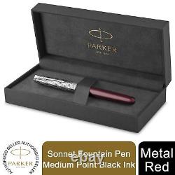 Parker Sonnet Fountain Pen Premium Metal Red Medium 18K Gold Nib Black Ink